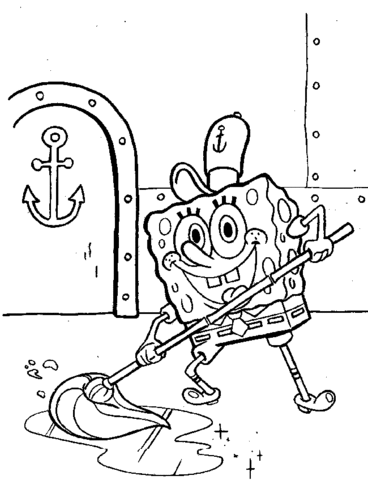 Spongebob Is Cleaning The Floor  Coloring Page